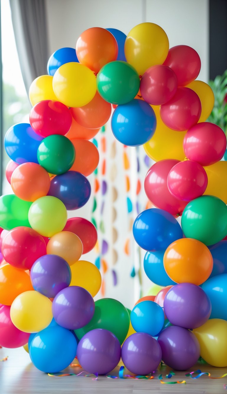 A colorful rainbow balloon garland made of balloons in various sizes arranged for a kids' party.